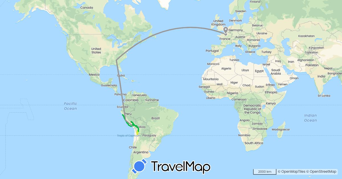 TravelMap itinerary: driving, bus, plane, hiking, motorbike, taxi, jeep in Bolivia, France, Peru, United States (Europe, North America, South America)